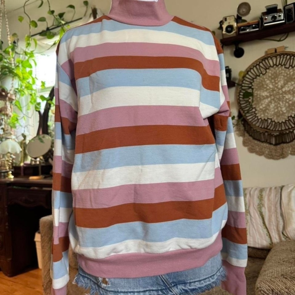 Popsugar Womens Mock Neck Striped Sweatshirt Pink Blue Rust Small
